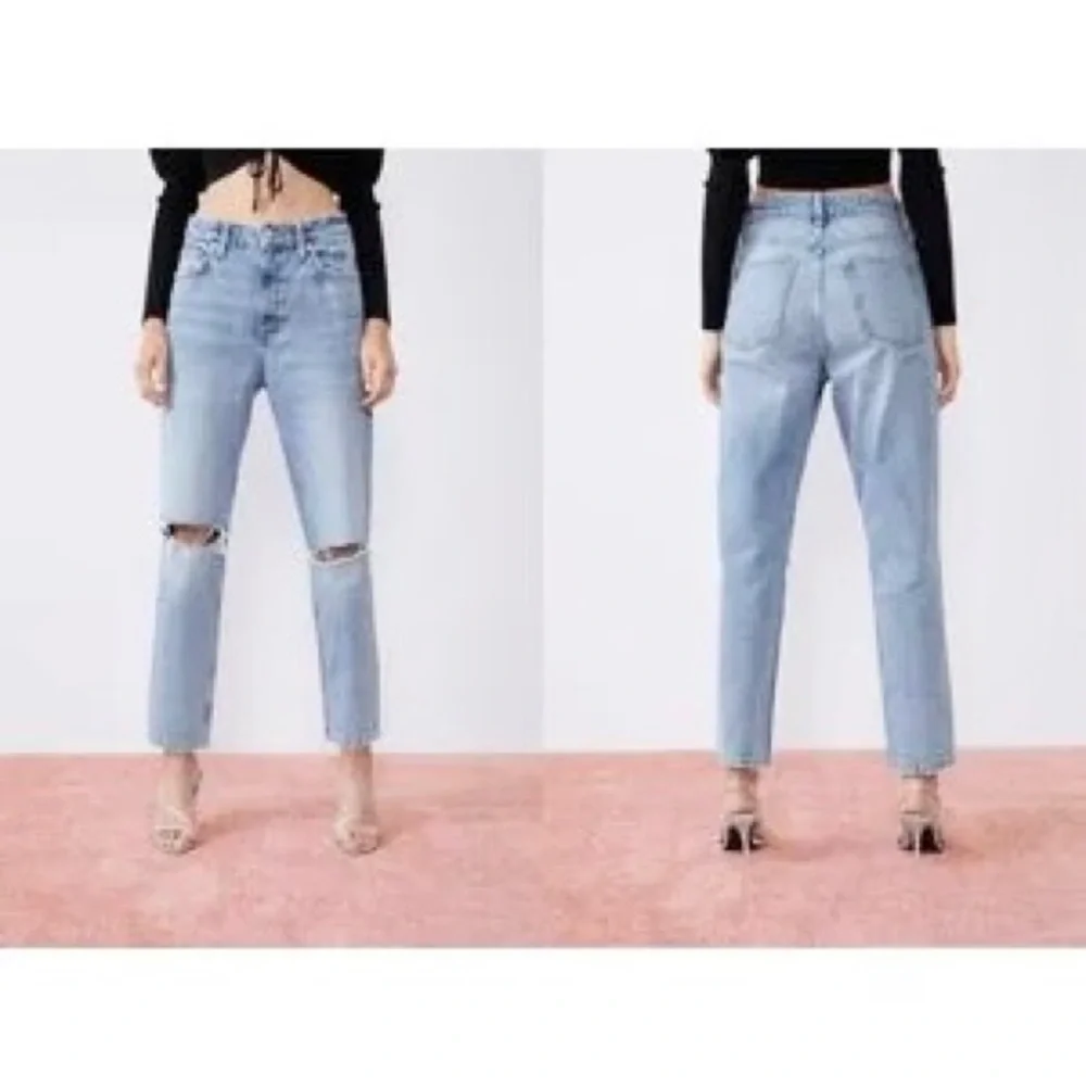 Zara Size 4 High Rise Mom Jeans Ripped Knees Frayed Waistband Distressed Tapered